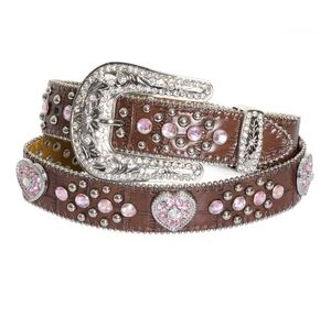 Nocona Girls Brown Leather Belt with Pink Heart Rhinestones Accents